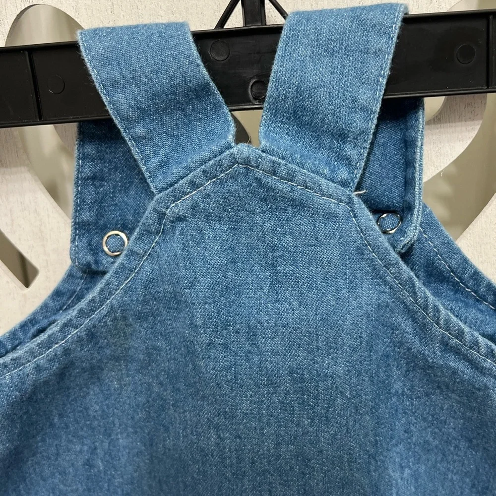 Vintage Y2K Denim Baby Dress with Teddy Appliqué and Matching Scrunchie Hat